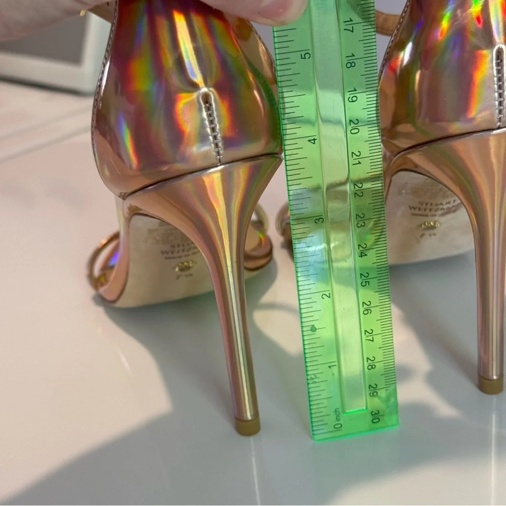 Stuart Weitzman Nudistcurve 100 Ankle Strap Heel Rose Gold Metallic Hologram